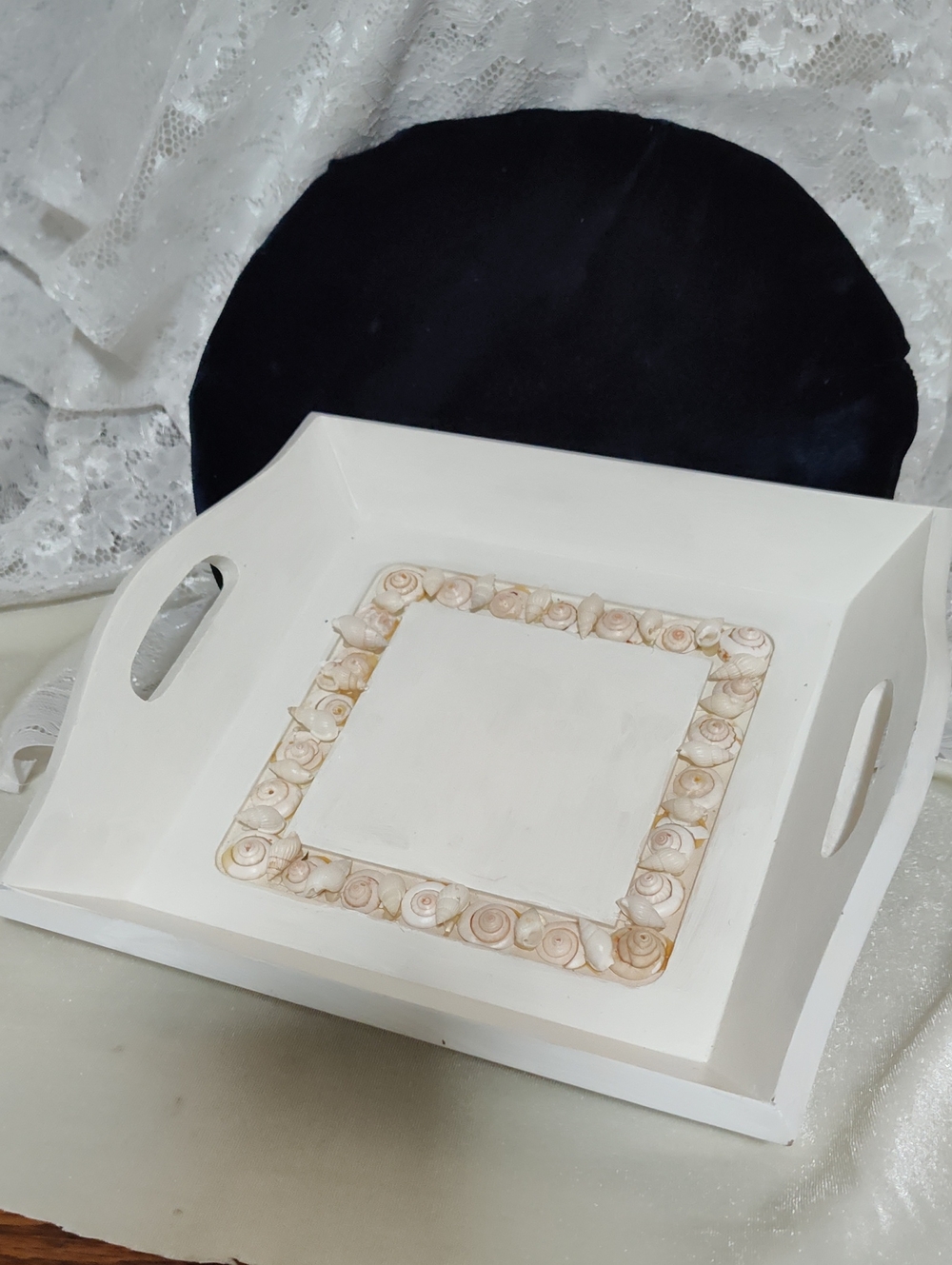 Coastal-Inspired White Serving Tray with Shell Border